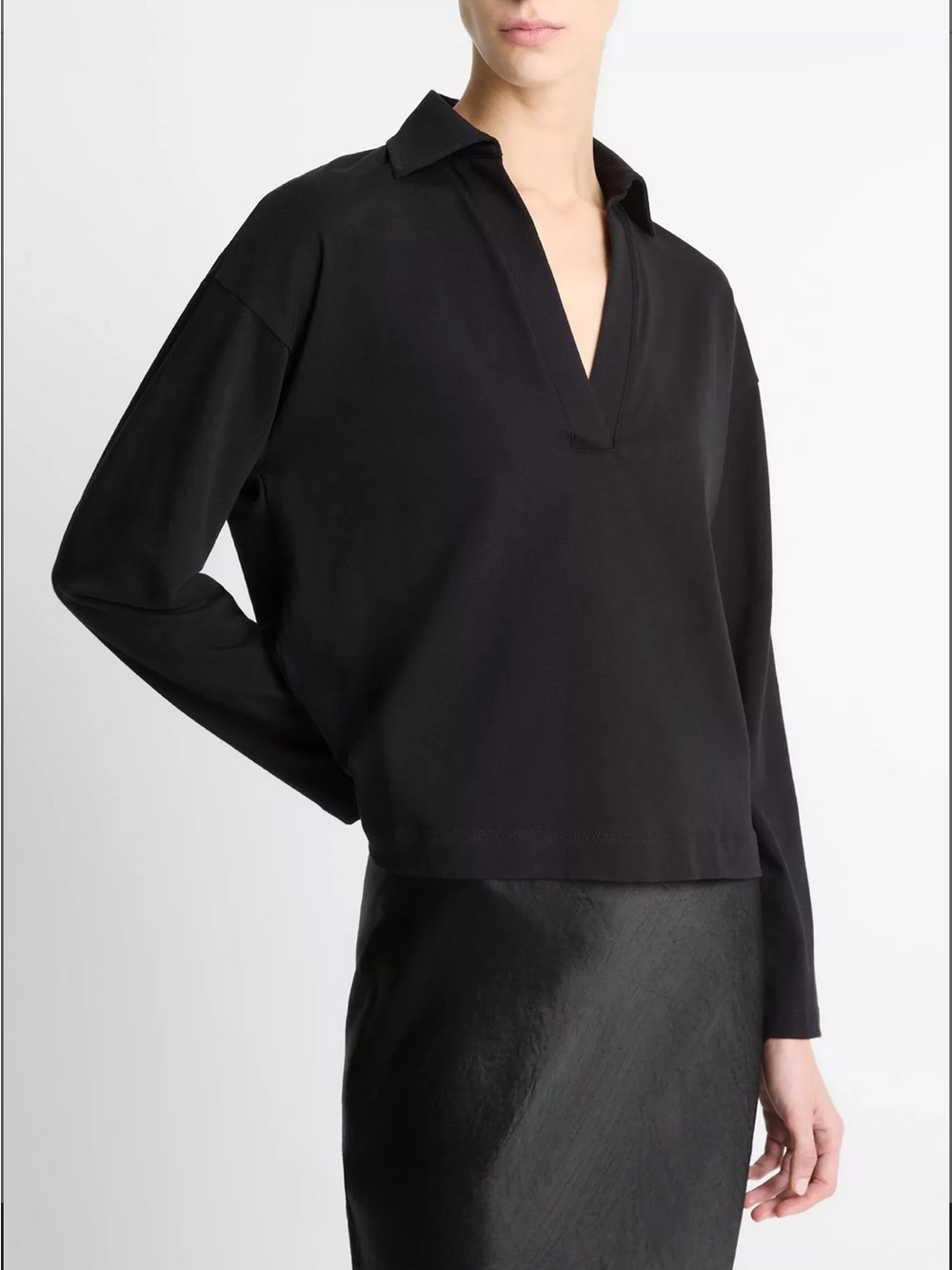 Vince Black V-Neck Collared Long-Sleeve Top